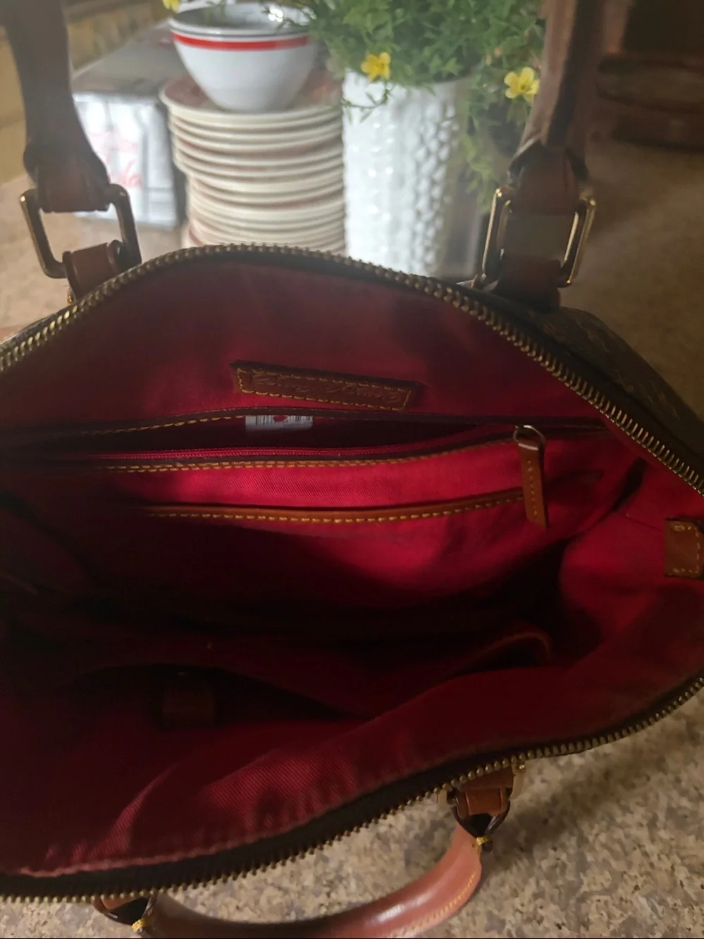 Dooney & Bourke Brown Monogram Satchel with Tan Trim